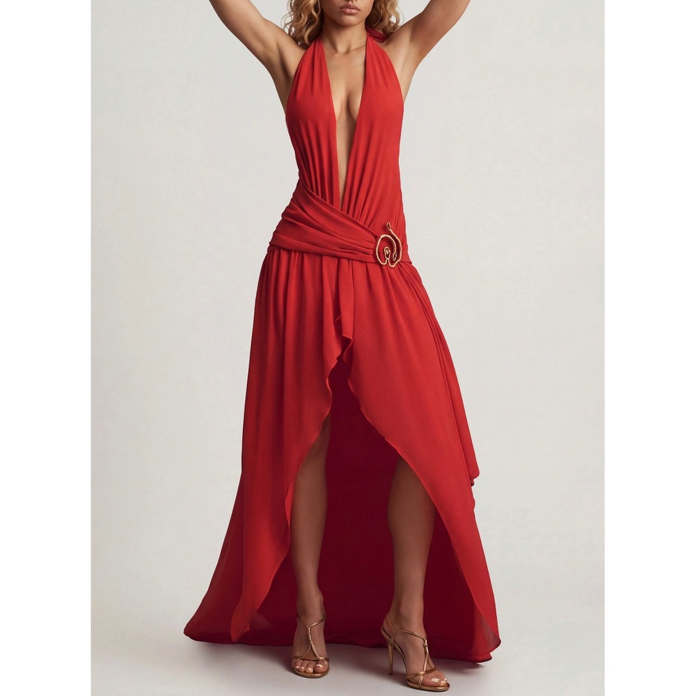 Oh Polly Red Plunging Halter Maxi Dress Gold Snake Detail High Low Gown US 6